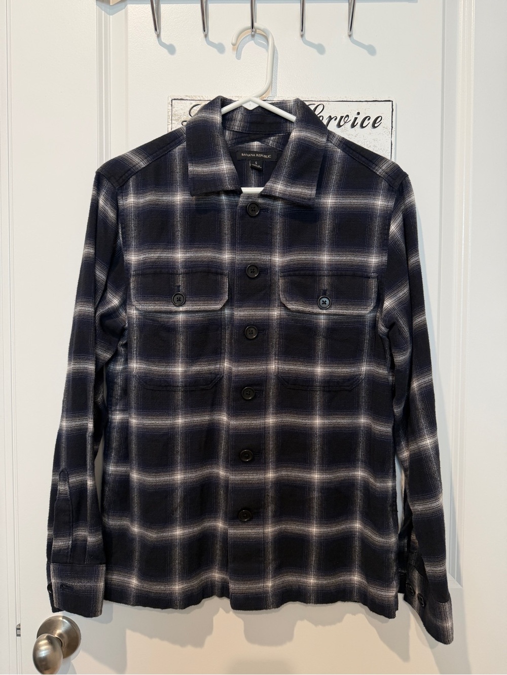 Banana Republic Men's Navy and White Plaid Shirt Jacket